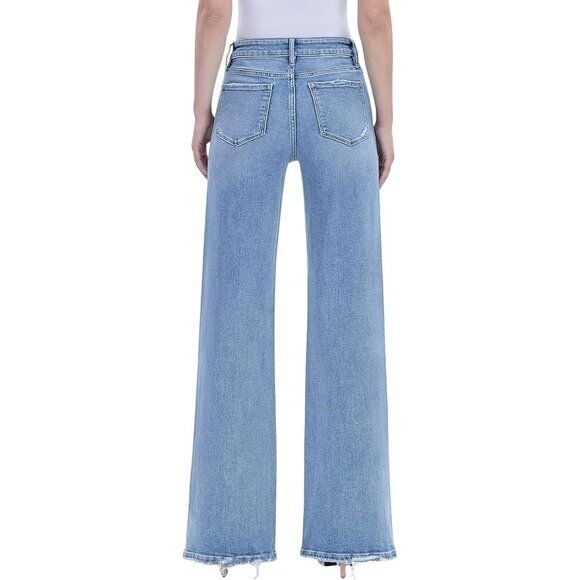 Women's High Rise Raw Hem Wide Leg Jeans Comfort Stretch Denim Casual - Picture 2 of 2